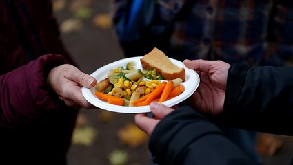 Close-up of hands passing a paper plate filled with roasted carrots, potatoes, corn, and a slice of toast.