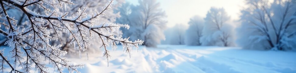 A frosty winter scene with ice crystals clinging to branches, a blanket of snow covering the ground, and a cold, clear sky overhead Perfect for winter, holiday, and nature themes , scenic, solitude