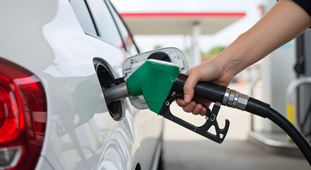 Filling White Car with Green Gas Pump at Outdoor Gas Station on Sunny Day