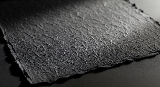 A photorealistic image of a dark, textured, handmade paper background with visible, beautiful fibers and a rough, deckled edge.