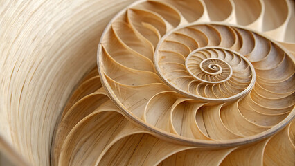 Close up detailed image of a wooden nautilus shell showing beautiful spiral pattern design