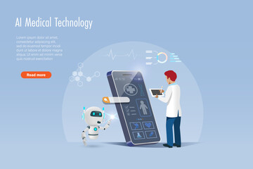 Doctor searching and analyzing medical data with help from AI robot technology on smartphone. Artificial intelligence innovation technology for medical solution in diagnosis, care and treatment.