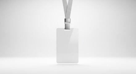 Blank White Identification Badge with Gray Lanyard Isolated on White Background