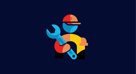 Naklejka premium Worker with Wrench, Graphic Illustration, Industrial Environment, Creative Viewpoint, Concept of Maintenance