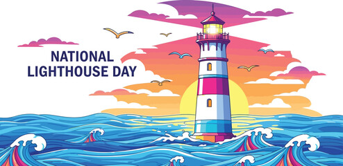 Cheerful National Lighthouse Day Celebration Featuring a Towering Lighthouse, Ocean Waves, and Seagulls Against a Colorful Sky