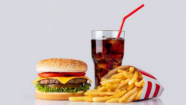Classic cheeseburger, golden french fries in a red box, and a refreshing soda with ice and a red straw.