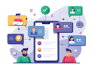 Team communication app interface with diverse user profiles and chat bubbles team messaging