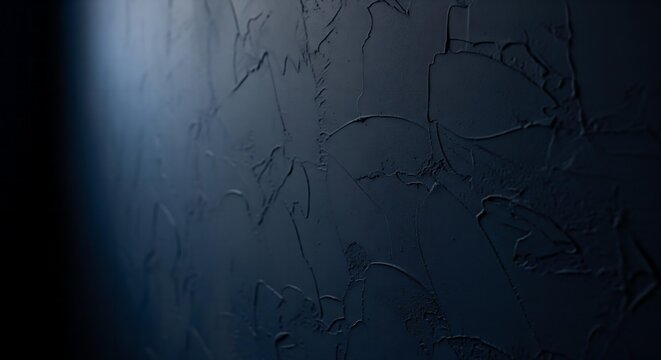 A realistic texture of a dark, navy blue plaster wall with a subtle, painterly texture and soft, directional light highlighting its surface.