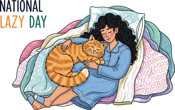 Peaceful Woman Hugging a Ginger Cat in Bed Featuring National Lazy Day Celebration, Promoting Relaxation and Comfort in a Cozy Setting