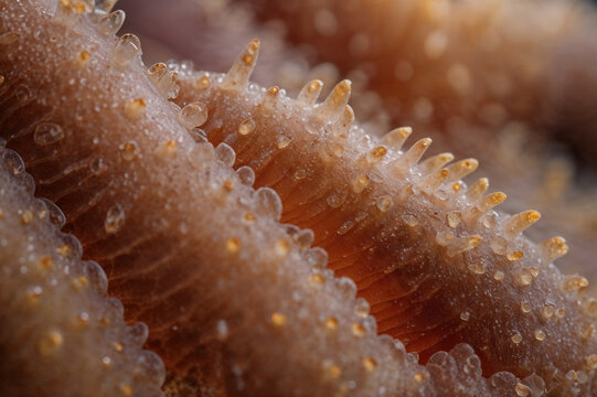 A detailed close-up of a sea cucumber textured skin, showing its bumpy surface and natural marine patterns. - Powered by Adobe