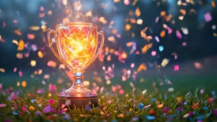 Celebrating Success: Golden Trophy with Confetti Shower on Lush Green Grass