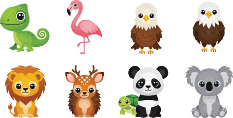Naklejka premium Cute cartoon animals vector illustration set for kids books and educational materials