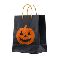 Black Paper Shopping Bag with Twisted Handles Featuring a Halloween Pumpkin Design for Festive Delights