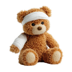 Obraz premium Cute Brown Teddy Bear Sitting Upright with Bandages on Head and Arm, Perfect for Comfort and Healing Themes