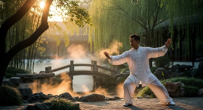 Sunrise Tai Chi Chuan Practice in a Serene Garden - Powered by Adobe