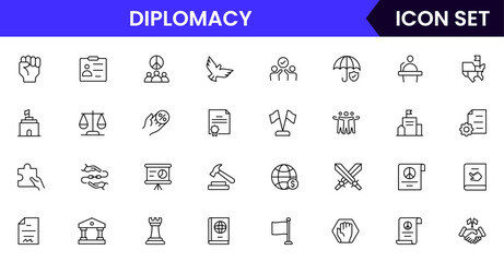Diplomacy vector line icons featuring handshake, peace symbols, globes, negotiations, treaties, communication, alliances, embassies, international relations, and conflict resolution elements.