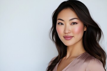 Naklejka premium Serene Portrait of a Confident Woman: This portrait captures a beautiful and confident woman with a serene expression, emanating an aura of tranquility and self-assuredness.