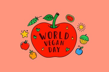 Obraz premium Celebrating World Vegan Day with Colorful Fruit and Vegetable Doodles on a Salmon Background