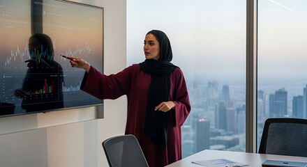 A businesswoman in a hijab presents financial data on a large screen in a modern overlooking a cityscape.
