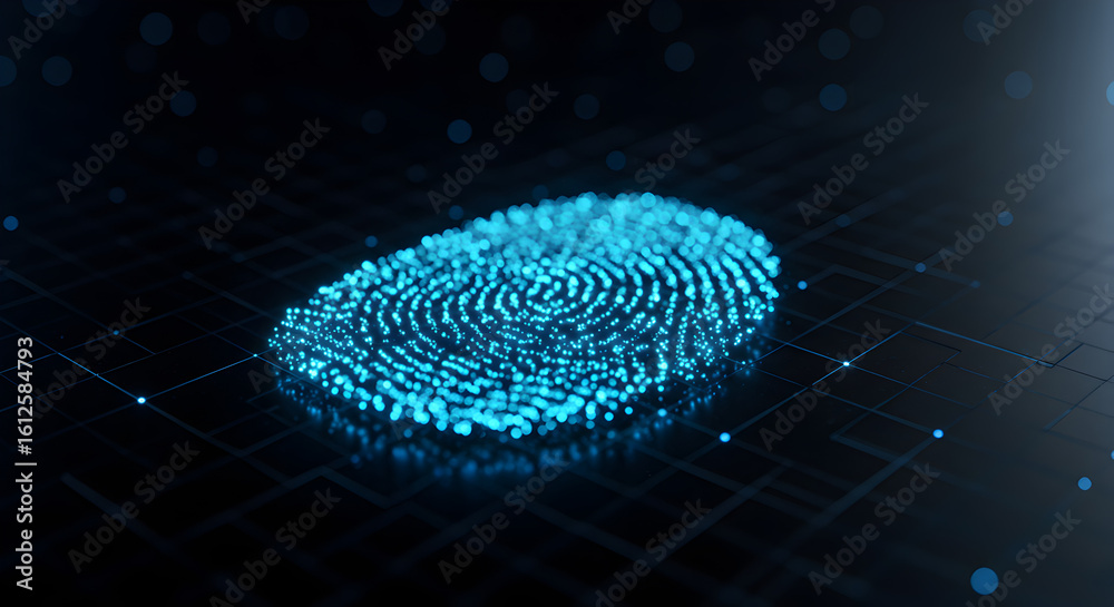 Poster glowing digital fingerprint composed of interconnected cubes on dark blue background with subtle gri