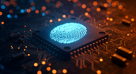 Glowing Blue Fingerprint on a Microchip with Orange Lights on Dark Circuit Board Emphasizing High Tech Biometric