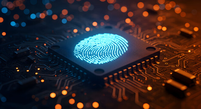 Glowing Blue Fingerprint on a Microchip with Orange Lights on Dark Circuit Board Emphasizing High Tech Biometric