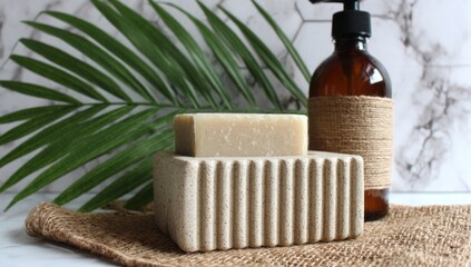 Eco-friendly bathroom scene with soap, dispenser, jute cloth, and palm frond against a marble tile backdrop