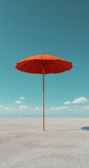 Vibrant orange parasol stands centered on a blurred sandy beach under a clear blue sky with wispy clouds. Soft lighting creates a calming, minimalist atmosphere
