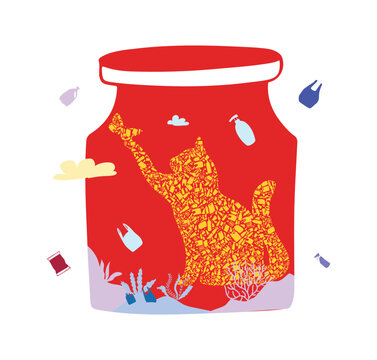 Cat trapped in a jar, surrounded by plastic waste