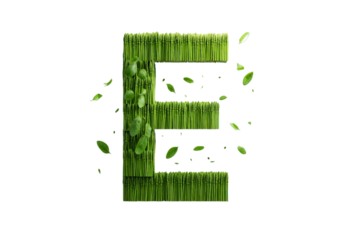 Green Letter E Made of Fresh Grass with Falling Leaves on Transparent Background