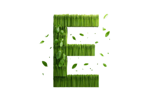 Green Letter E Made of Fresh Grass with Falling Leaves on Transparent Background