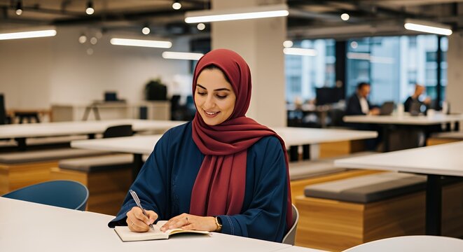 A woman in a hijab thoughtfully jots down notes in a notebook while working in a modern, open-plan . - Powered by Adobe