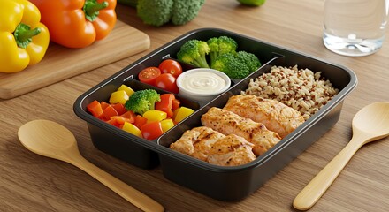 Healthy meal prep container with grilled salmon, quinoa, and fresh vegetables for a balanced diet and convenient lunch.