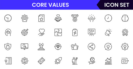 Core values vector line icons featuring integrity, teamwork, respect, responsibility, innovation, trust, ethics, commitment, leadership, and organizational culture symbols.