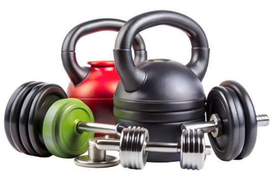 A collection of assorted weightlifting equipment including dumbbells and kettlebells isolated on a transparent background