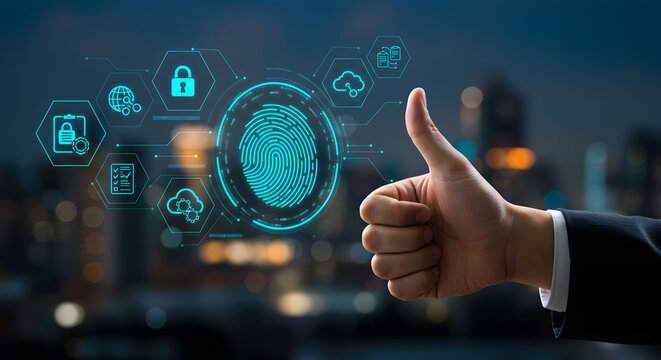 Hand Gesturing Thumbs Up with Digital Security Icons Over Blurred Cityscape at Night