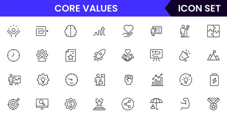 Core values vector line icons featuring integrity, teamwork, respect, responsibility, innovation, trust, ethics, commitment, leadership, and organizational culture symbols.