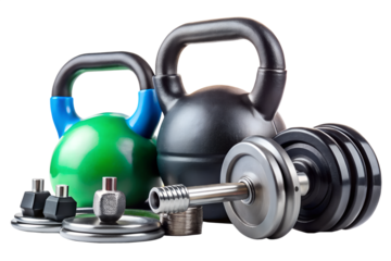 A group of weightlifting equipment including dumbbells and kettlebells isolated on a transparent background