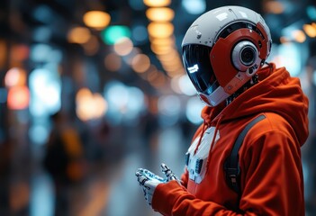 Naklejka premium Futuristic robot in an urban environment.