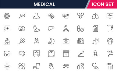 Medical vector line icons featuring stethoscopes, syringes, pills, hospitals, doctors, heartbeats, first aid, diagnostics, and healthcare equipment symbols.