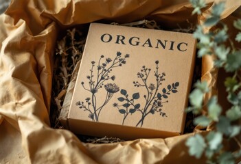 Cardboard box with organic design nestled in craft paper.
