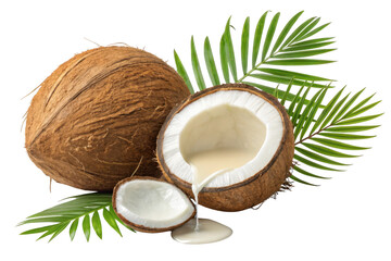 Fresh coconut halved with milk dripping isolated on transparent background