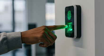 Hand Using Biometric Fingerprint Scanner on White Wall with Green Light for Secure Access and Authentication System