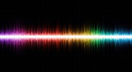 A vibrant, multicolored soundwave visualizer stretches across a black background, reflecting a spectrum from purple to blue in symmetrical peaks and valleys.