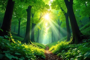 Obraz premium Lush green canopy of a vibrant forest, sunlight dappling through leaves, creating a serene and peaceful atmosphere Perfect for nature, environment, and ecology themes , plant, earth, chlorophyll