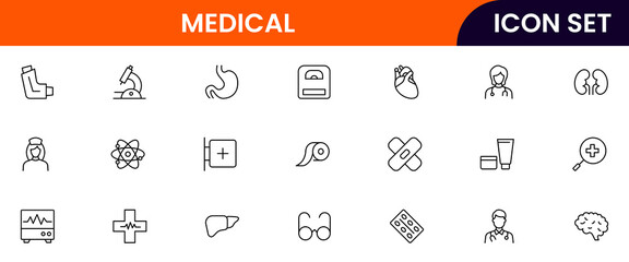 Medical vector line icons featuring stethoscopes, syringes, pills, hospitals, doctors, heartbeats, first aid, diagnostics, and healthcare equipment symbols.
