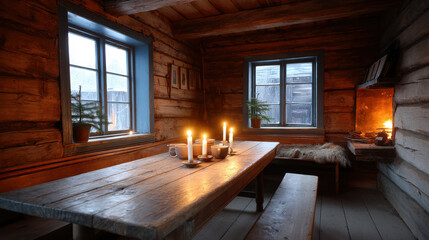 romantic evening by fireplace for couple surrounded by candlelight in cozy wooden cabin