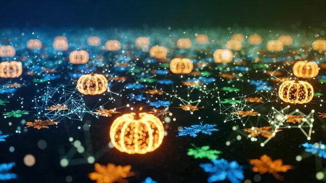A vibrant digital landscape featuring glowing pumpkins scattered across a dark background surrounded by colorful autumn leaves and intricate geometric patterns perfect for seasonal celebrations