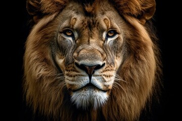 Majestic Lion Portrait: An intensely focused lion stares directly at the viewer, showcasing its commanding presence and piercing gaze in this striking close-up portrait.