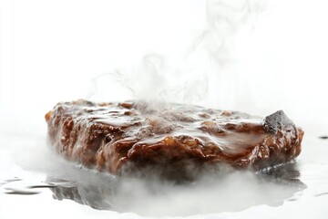 Steaming steak: A mouthwatering, close-up photograph showcases a perfectly cooked steak, its savory surface glistening and fragrant steam billowing alluringly.